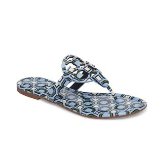 Tory Burch Blue Geometric Print Miller Sandals Patent Leather